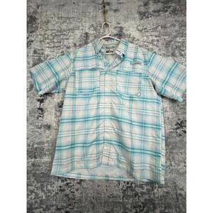 Habit Men's Shirt Large White Teal Plaid Short Sleeve Vented Fishing UPF Outdoor